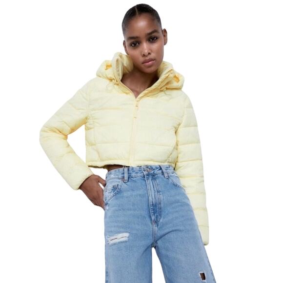 ZARA Women's Short Yellow Hooded Puffer Jacket New Medium - Picture 1 of 9